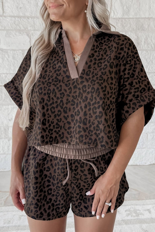 Leopard Collared V-Neck Top & Shorts Set